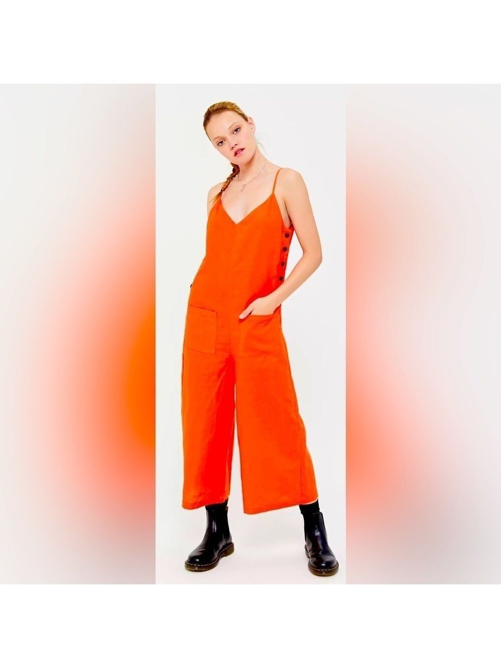 🔥NEW🔥 Urban Outfitters by Lost+Wander Papaya Soft Linen Button Side Jumpsuit LG - Picture 2 of 11